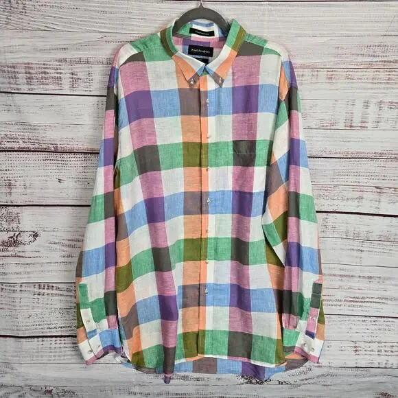 Paul Fredrick Pure Linen Classic Button Shirt 2XLT Vibrant Multi Rainbow Check - Picture 1 of 7